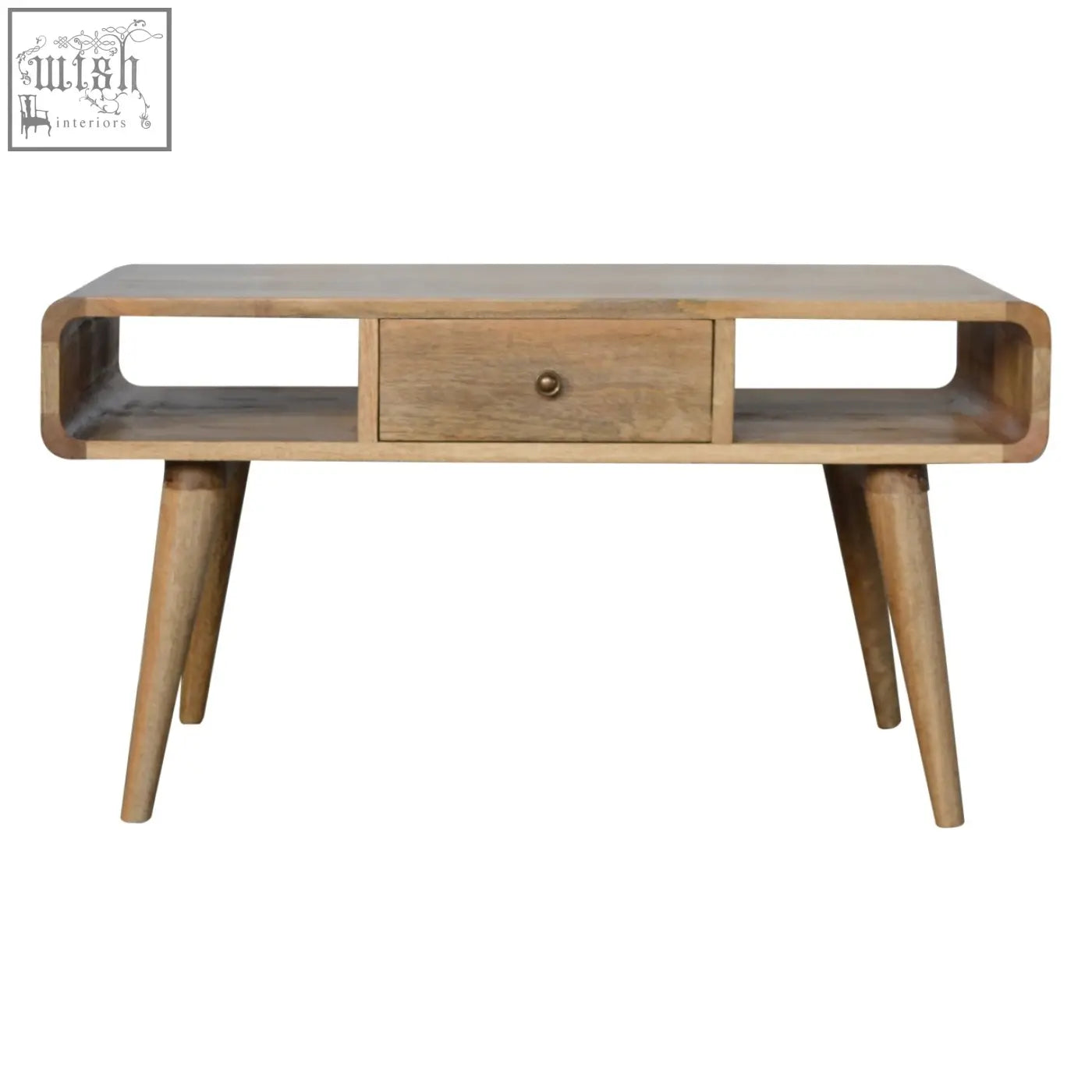 Curved oak coffee table in light solid mango wood with tapered legs, central drawer, and open side shelves
