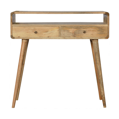 Light brown curved oak-ish console table with two drawers and four scandinavian-style legs for stylish storage