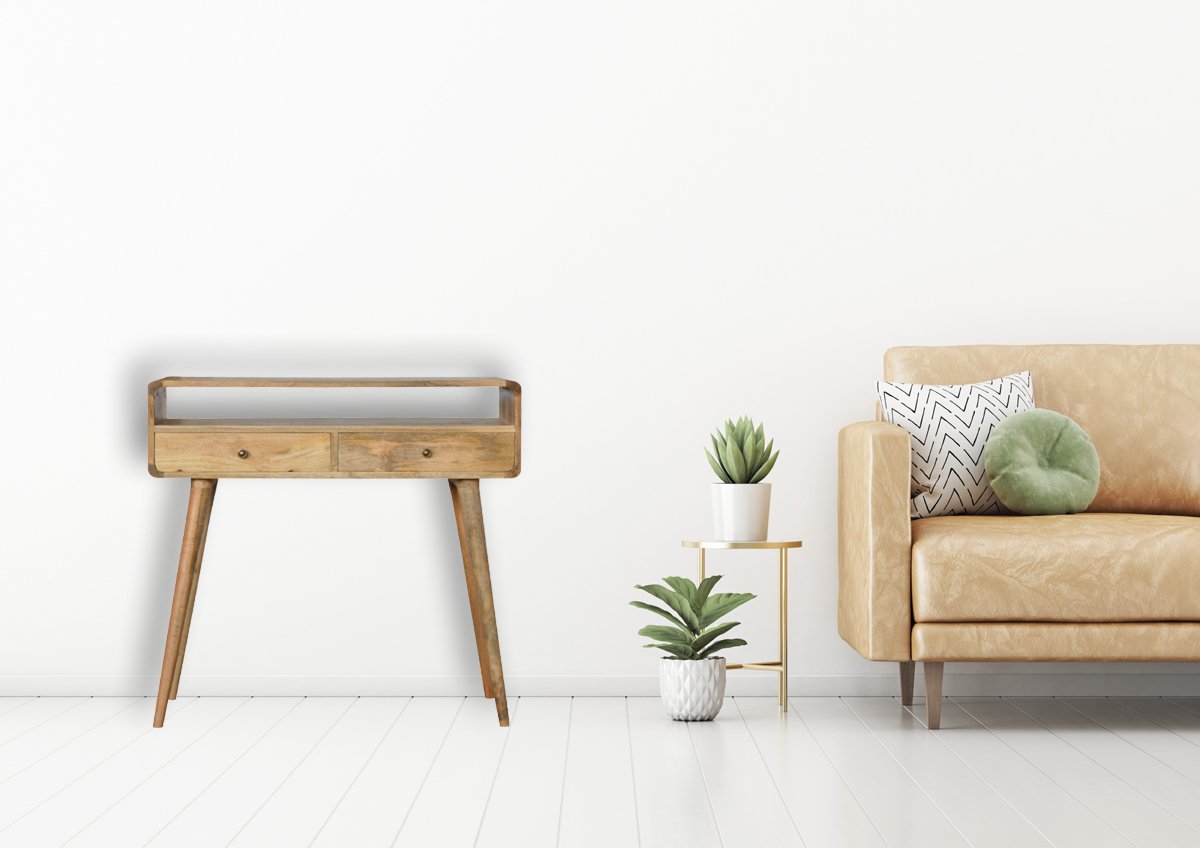 Light brown oak console table with two drawers and four scandinavian-style legs for stylish storage