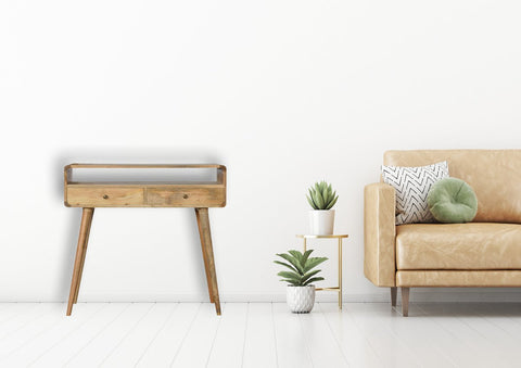 Light brown oak console table with two drawers and four scandinavian-style legs for stylish storage