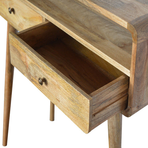Light-colored oak console table with two drawers and four scandinavian-style legs perfect for entryways