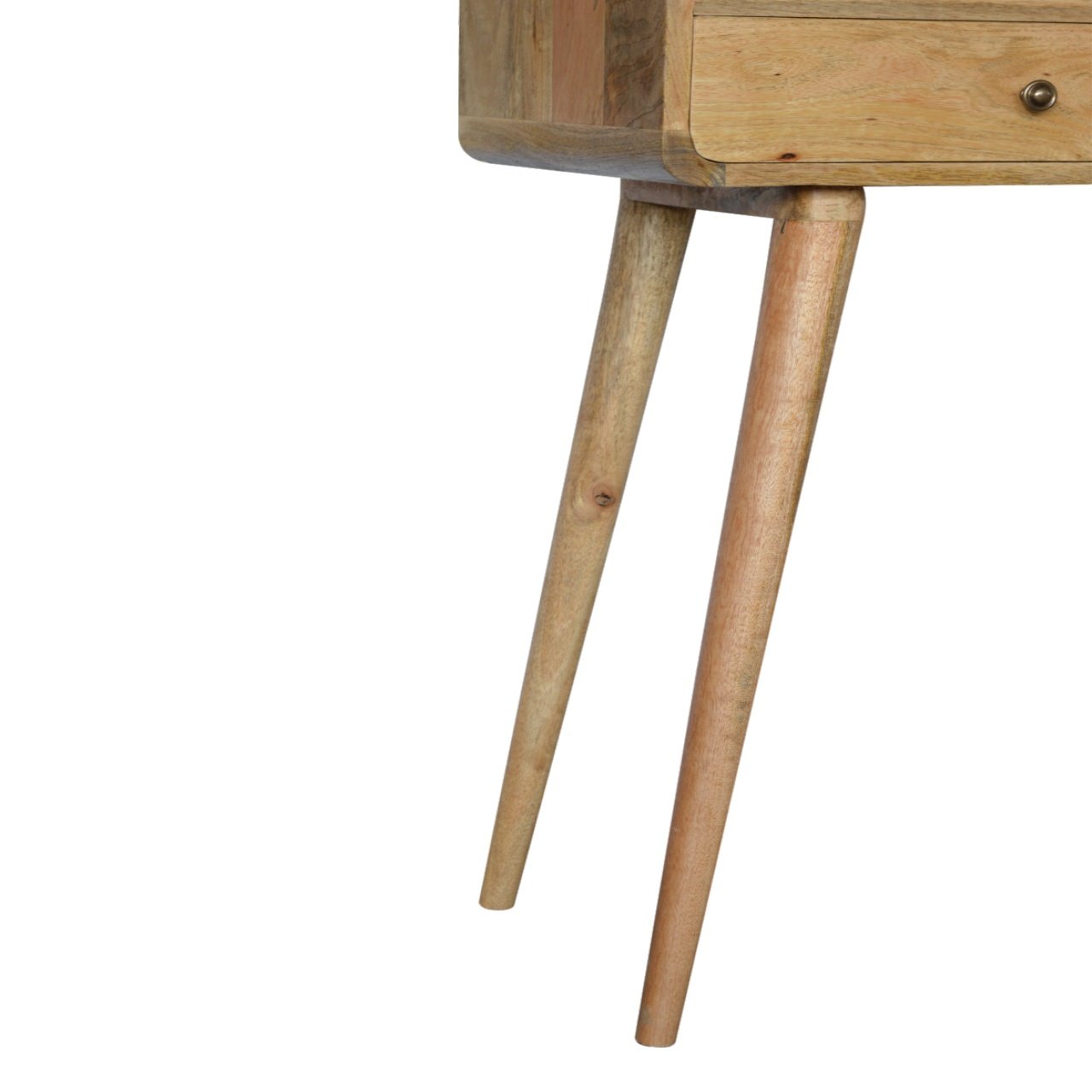 Curved oak-ish console table with light wood finish, single drawer with brass knob, and four scandinavian-style legs