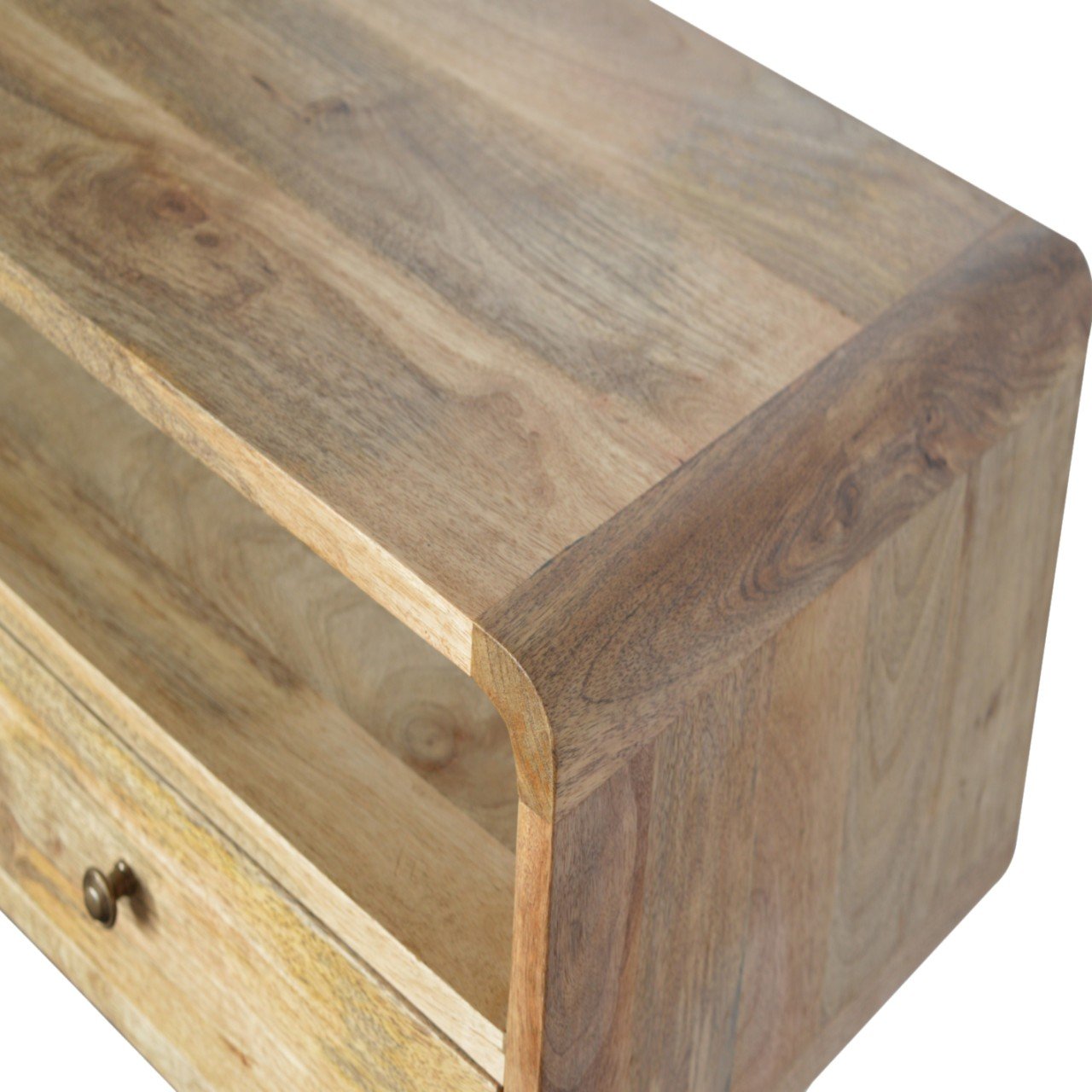 Curved oak-ish console table with light wood grain finish and four scandinavian-style legs and rounded edges