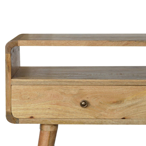Light-colored wooden curved oak-ish console table with four scandinavian-style legs and a single drawer