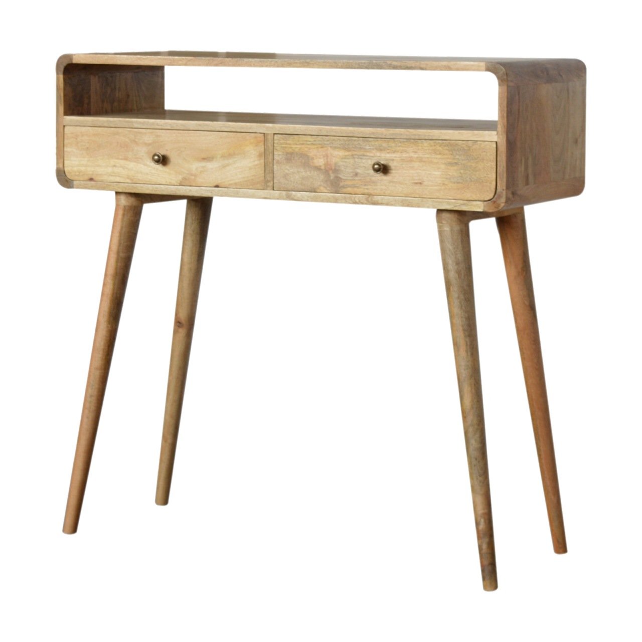 Light-colored oak-ish console table with two drawers and four scandinavian-style tapered legs