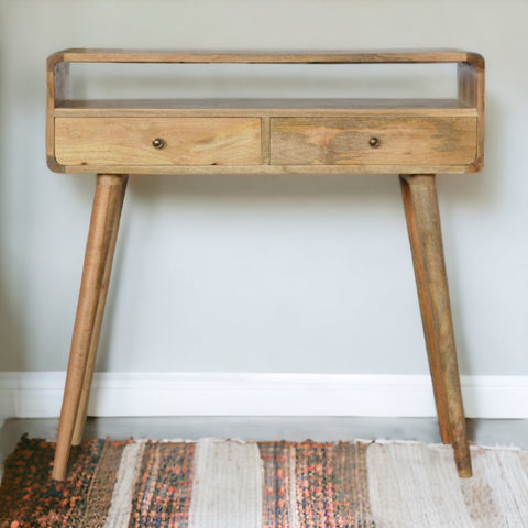 Curved oak-ish console table in light wood with two drawers and four scandinavian-style legs for stylish storage