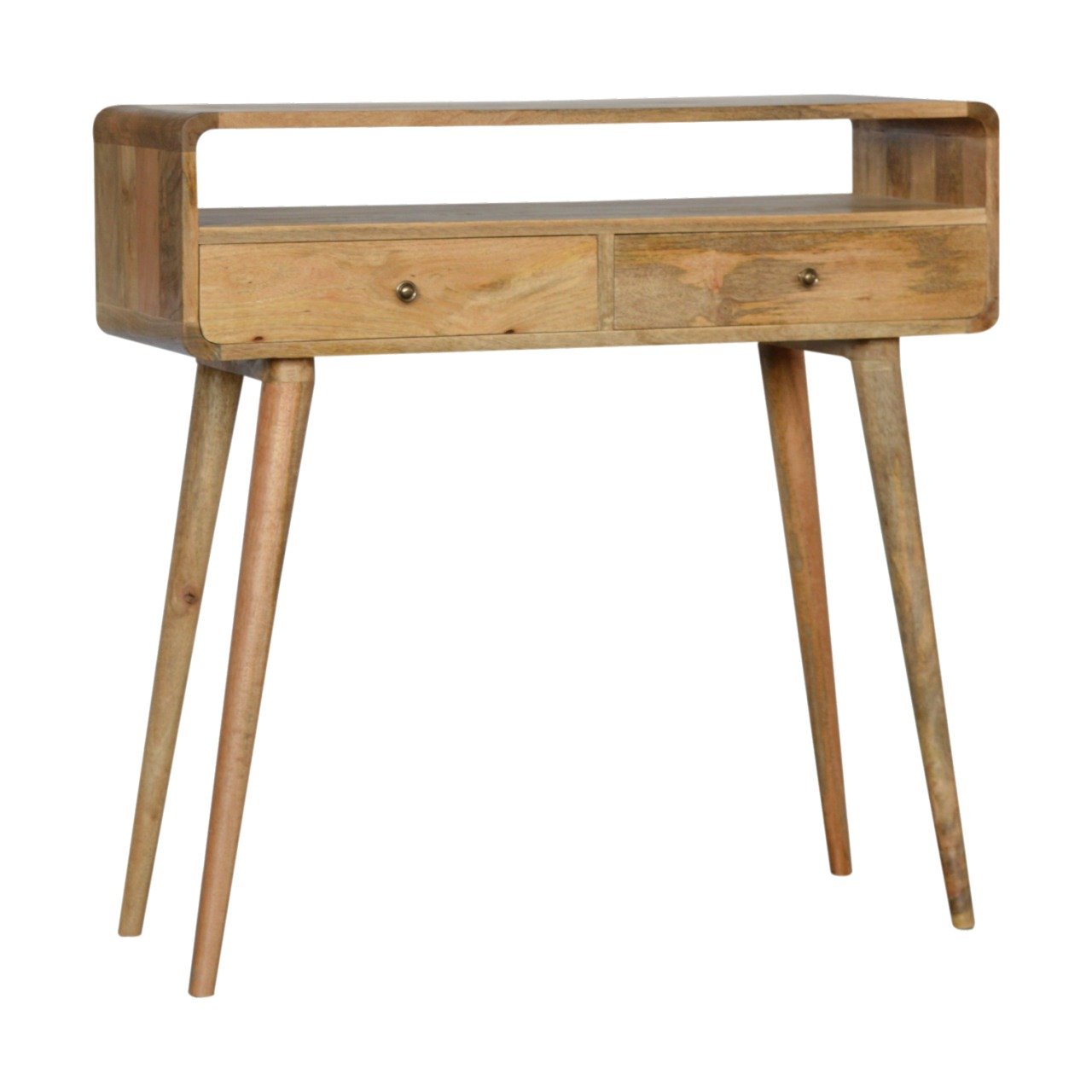 Curved oak-ish console table with light wood finish, two drawers, and four scandinavian-style tapered legs
