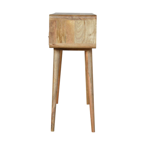 Minimalist curved oak-ish console table with natural finish, single drawer, and four scandinavian-style legs