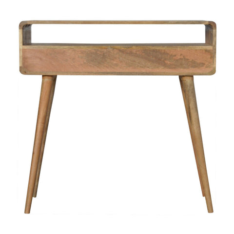 Curved oak-ish console table with four scandinavian-style legs and a recessed open shelf in minimalist wood design