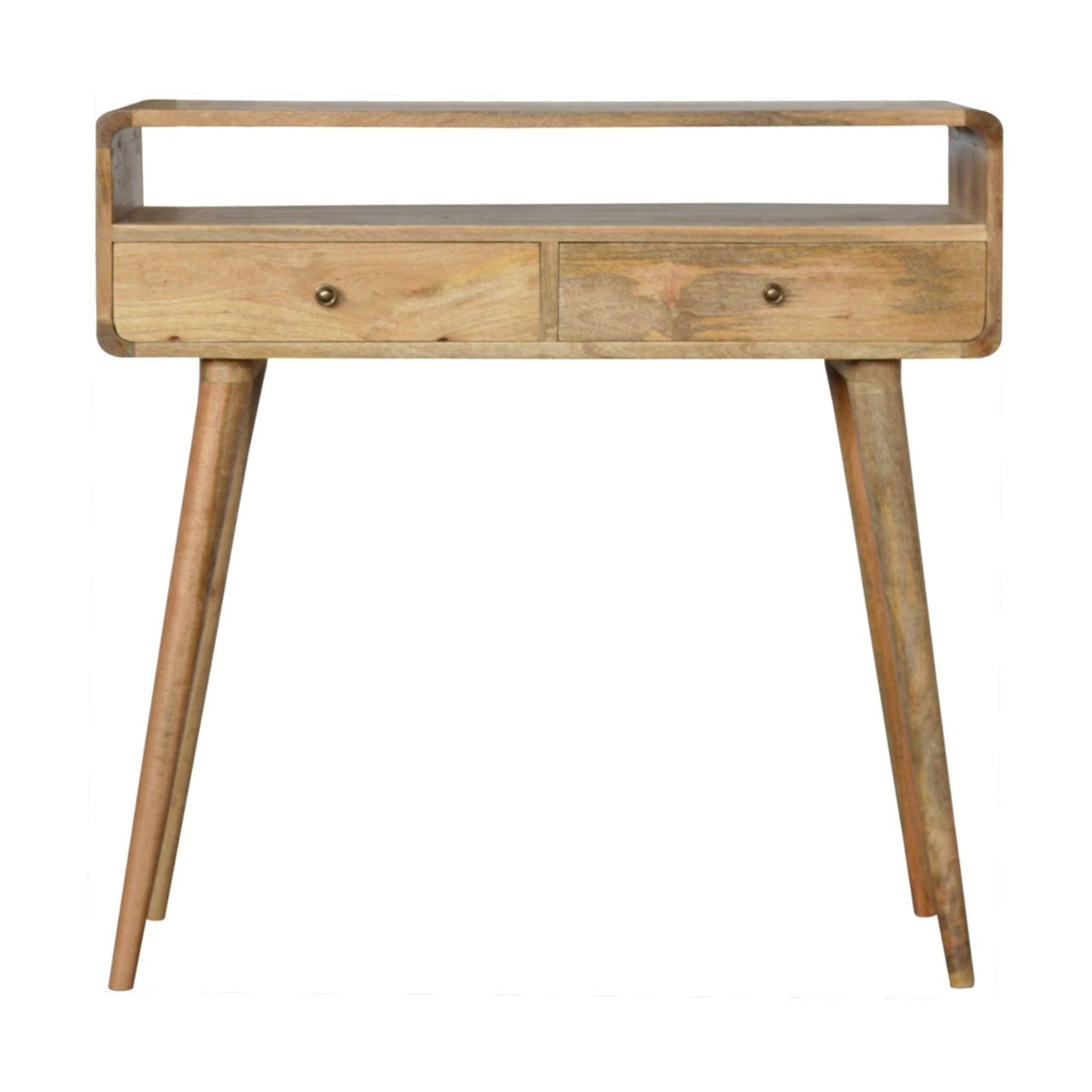Curved oak-ish console table with natural finish, two drawers, and four scandinavian-style legs made of wood