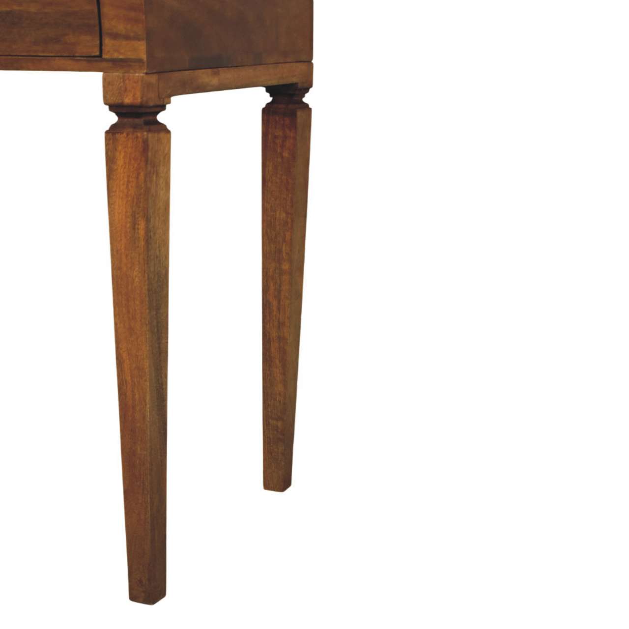 Dark brown wooden curved open shelf writing desk with tapered legs and smooth polished finish on table surface