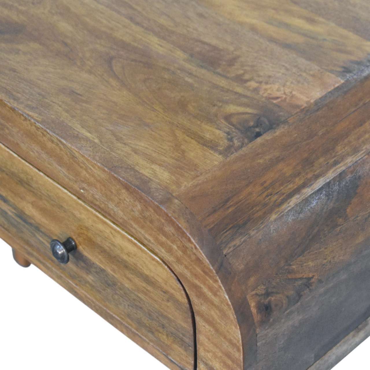 Rustic wooden writing desk with curved drawer and dark metal knob featuring an open shelf design