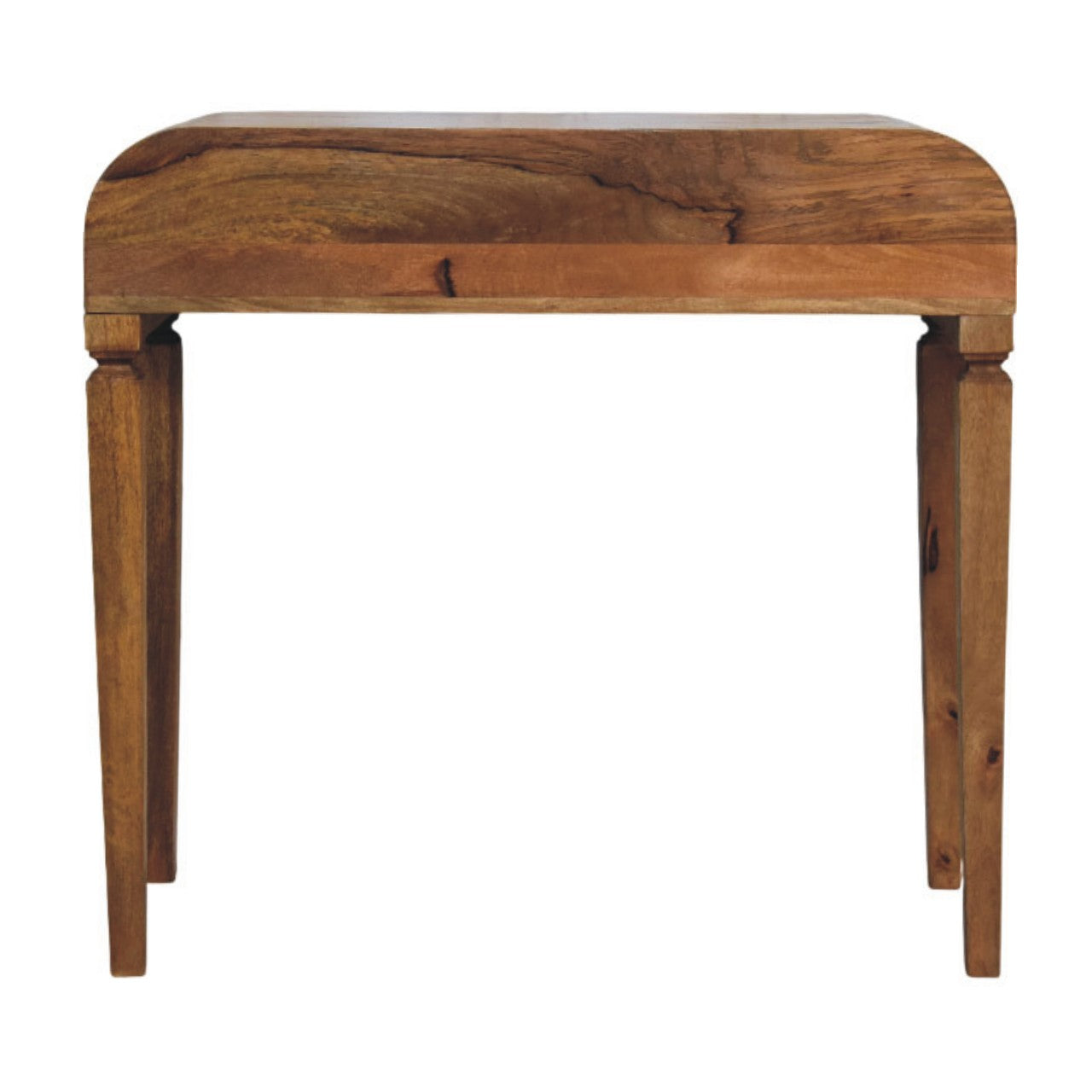 Curved open shelf writing desk with rustic wooden top and medium brown finish legs showing natural grain