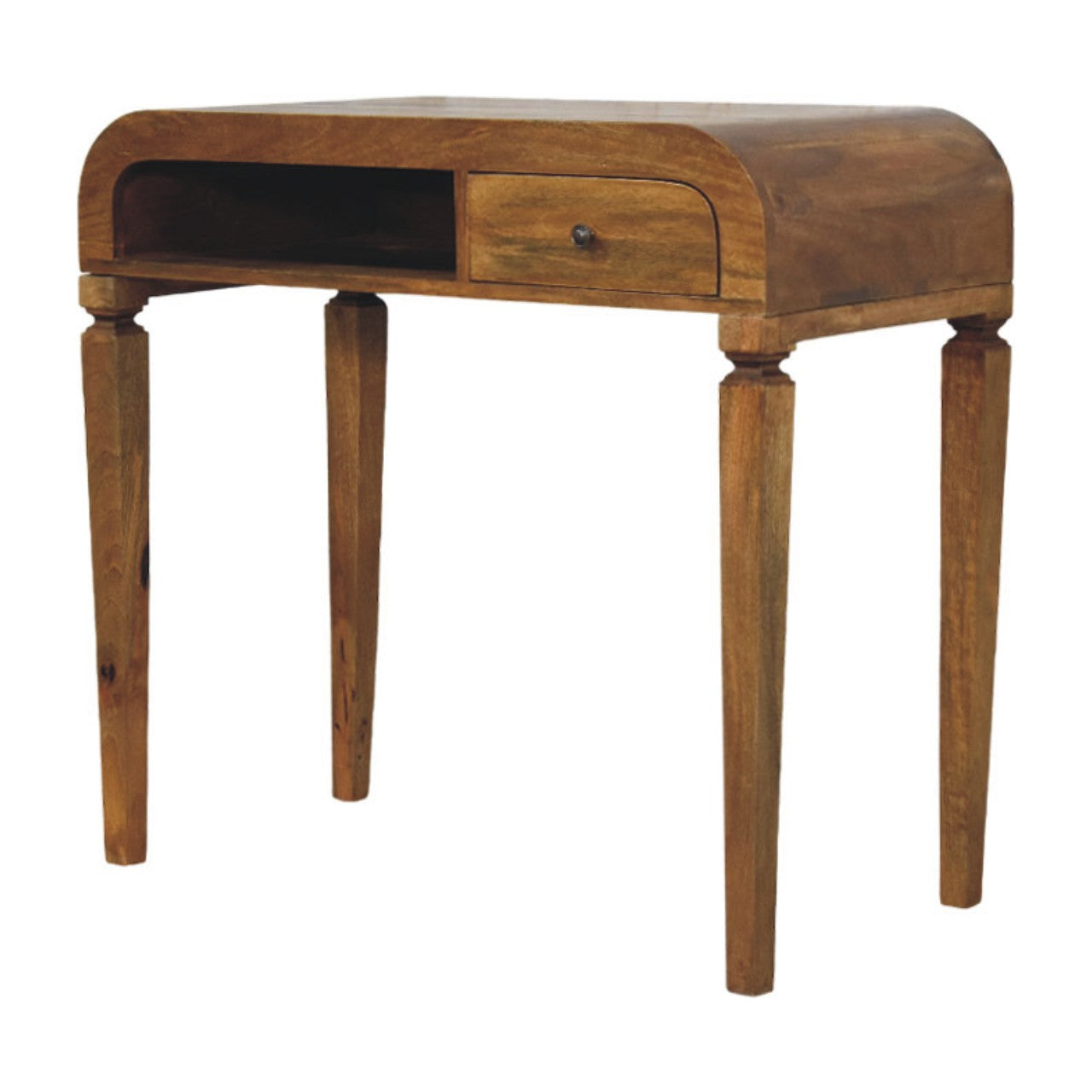 Rustic wooden curved open shelf writing desk with one drawer and open shelf for home office or study use