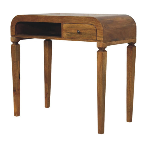Rustic wooden curved open shelf writing desk with one drawer and open shelf for home office or study use