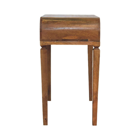 Rustic wooden writing desk with curved top and slender legs perfect as a small side table or open shelf desk