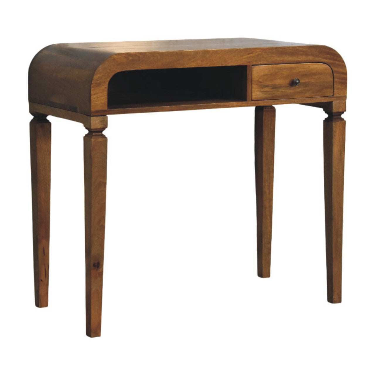 A warm-toned wooden writing desk with a curved top, one drawer with dark round knob, and turned legs