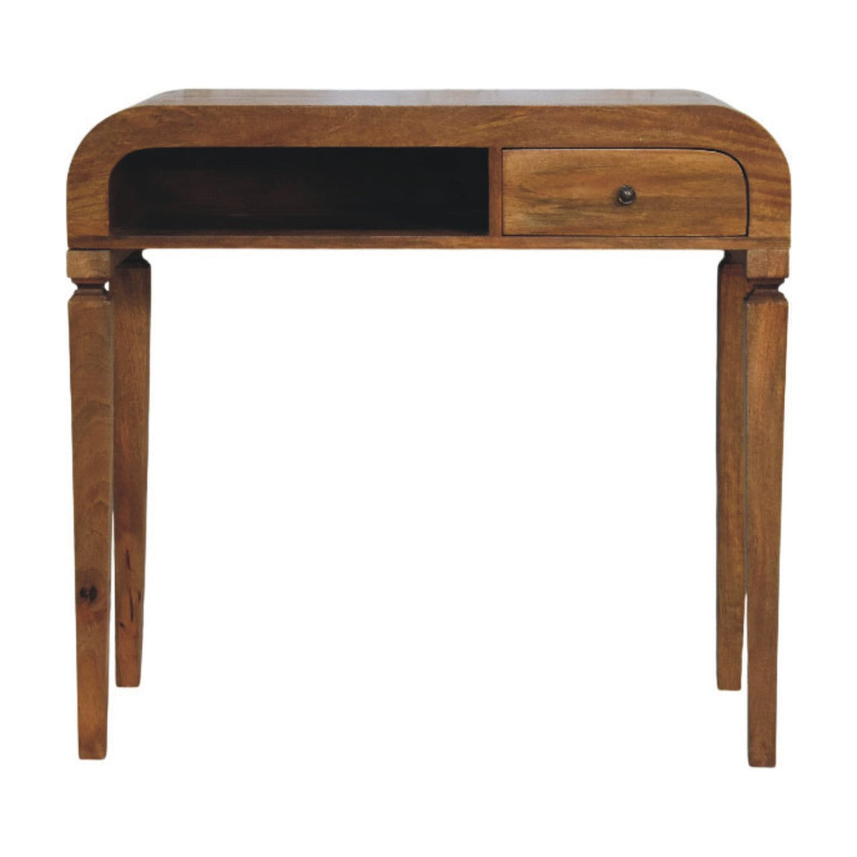 A warm-toned wooden curved open shelf writing desk with one drawer and a round metal knob for home office use