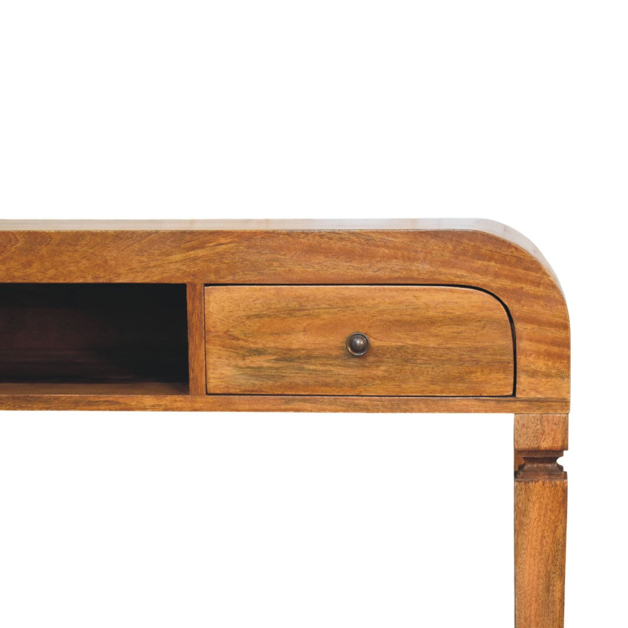 Warm-toned wooden curved open shelf writing desk with single drawer and dark metal knob on front side