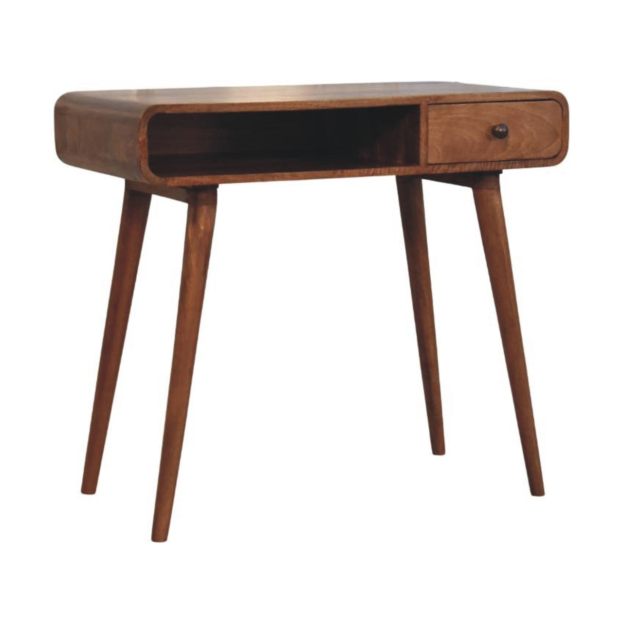Curved writing desk mid-century modern wooden desk with single drawer and tapered legs in natural wood finish
