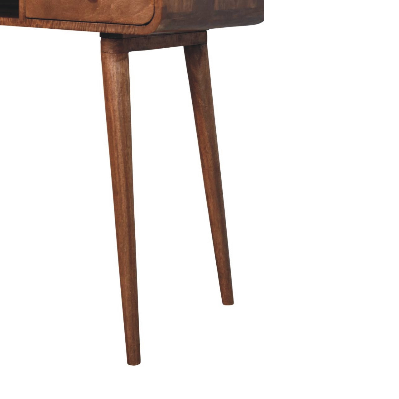 A sleek dark brown wooden curved writing desk with tapered legs and a smooth finish