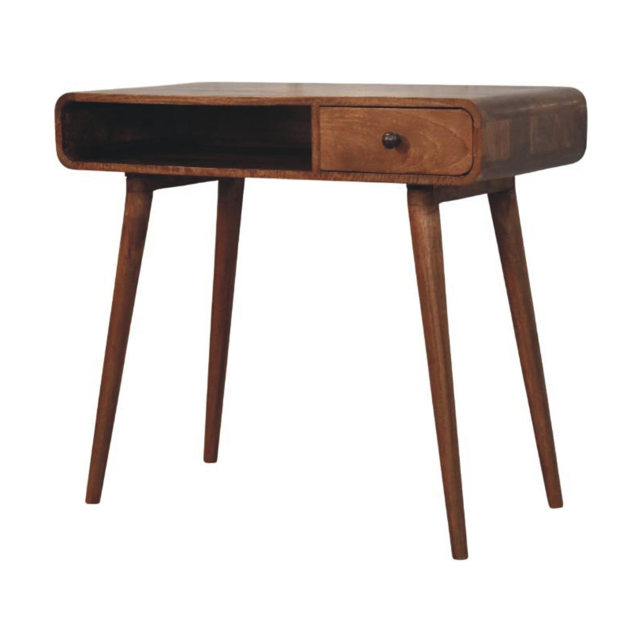 A sleek curved writing desk made of wood with a single drawer and tapered legs in mid-century modern style