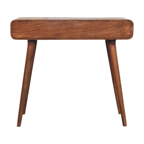 A sleek mid-century modern wooden writing desk with a warm brown finish and tapered legs perfect for curved design