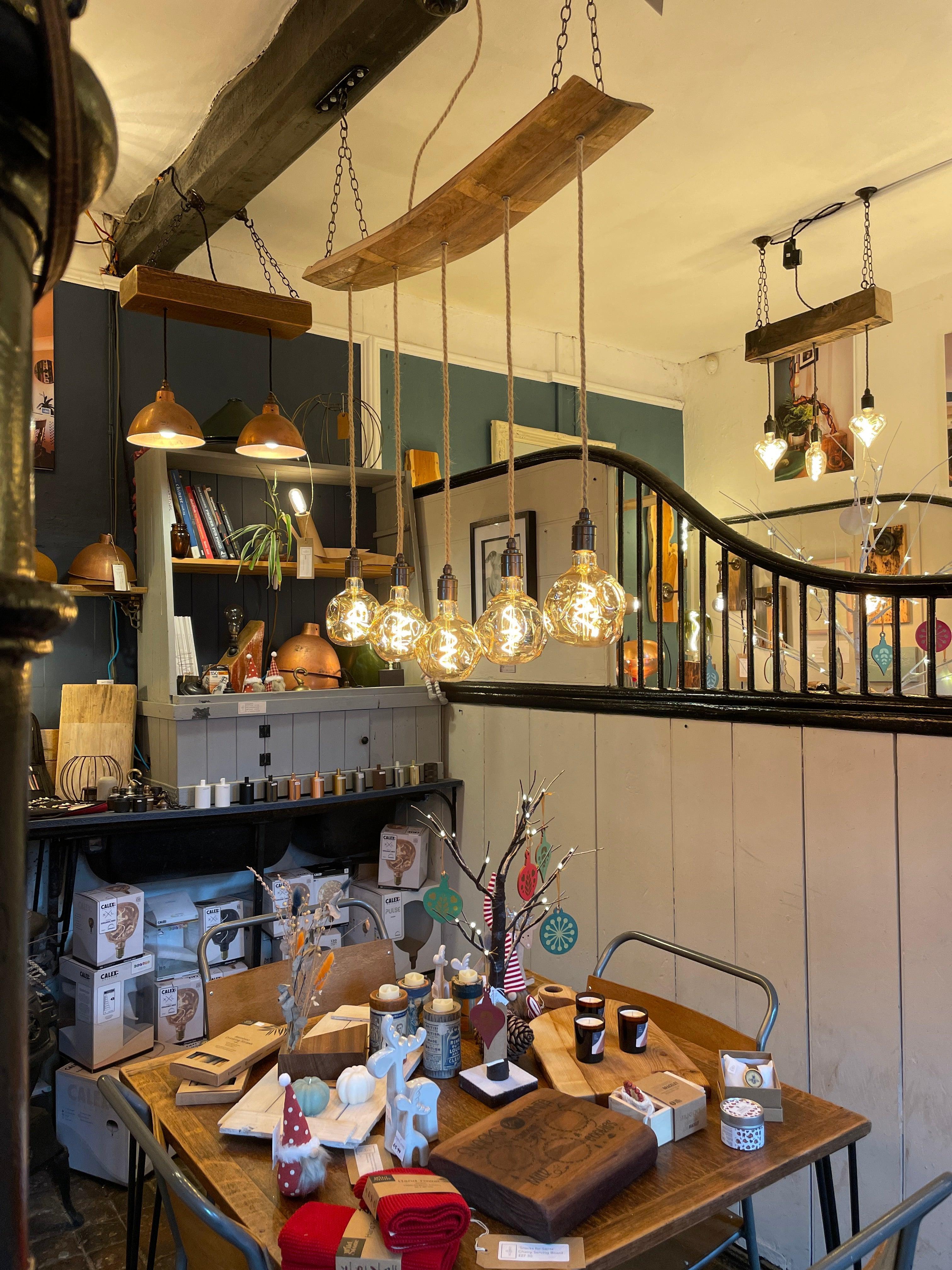 Curved Oak Stave Chandelier | Rustic Dining Table & Kitchen Island Lighting