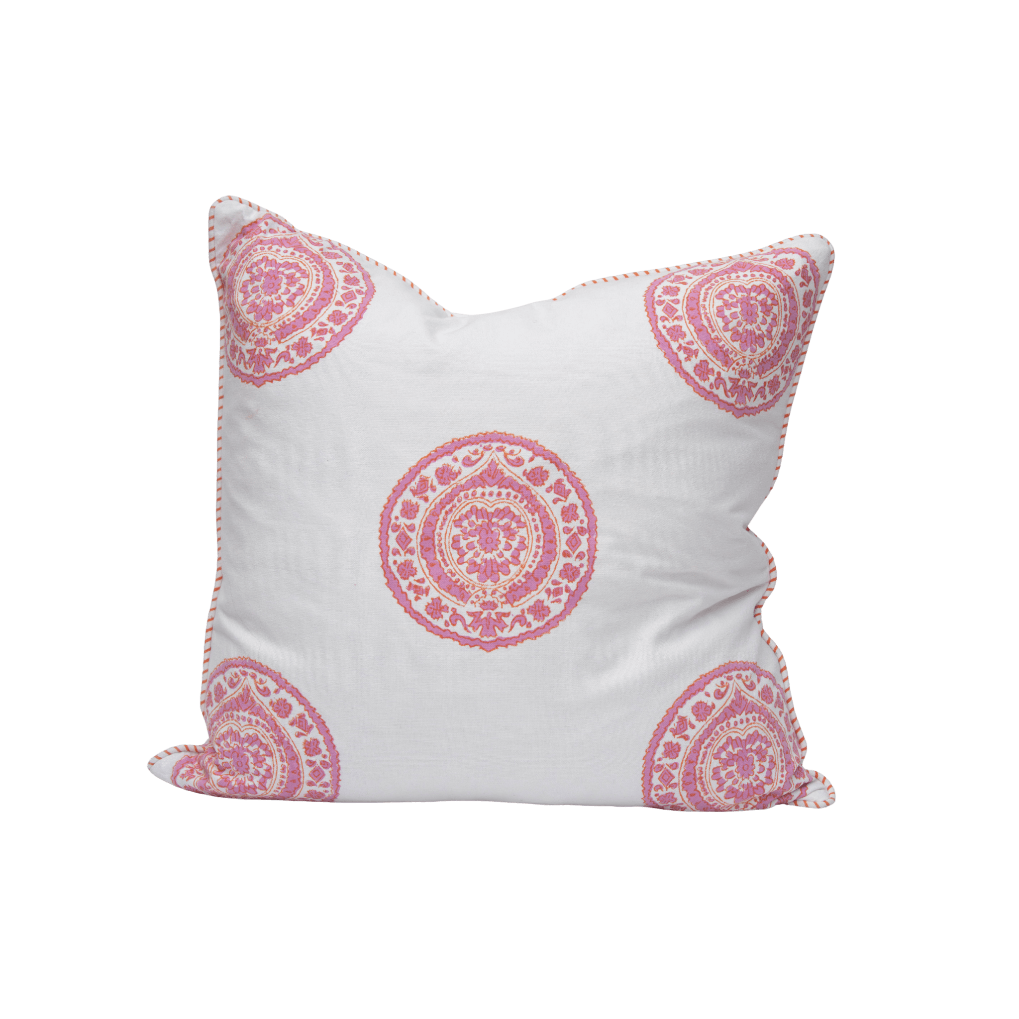 White throw pillow with pink burnt spice mandala patterns and matching pink stitching cushion cover