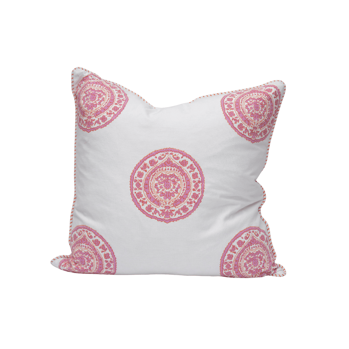 White throw pillow with pink burnt spice mandala patterns and matching pink stitching cushion cover