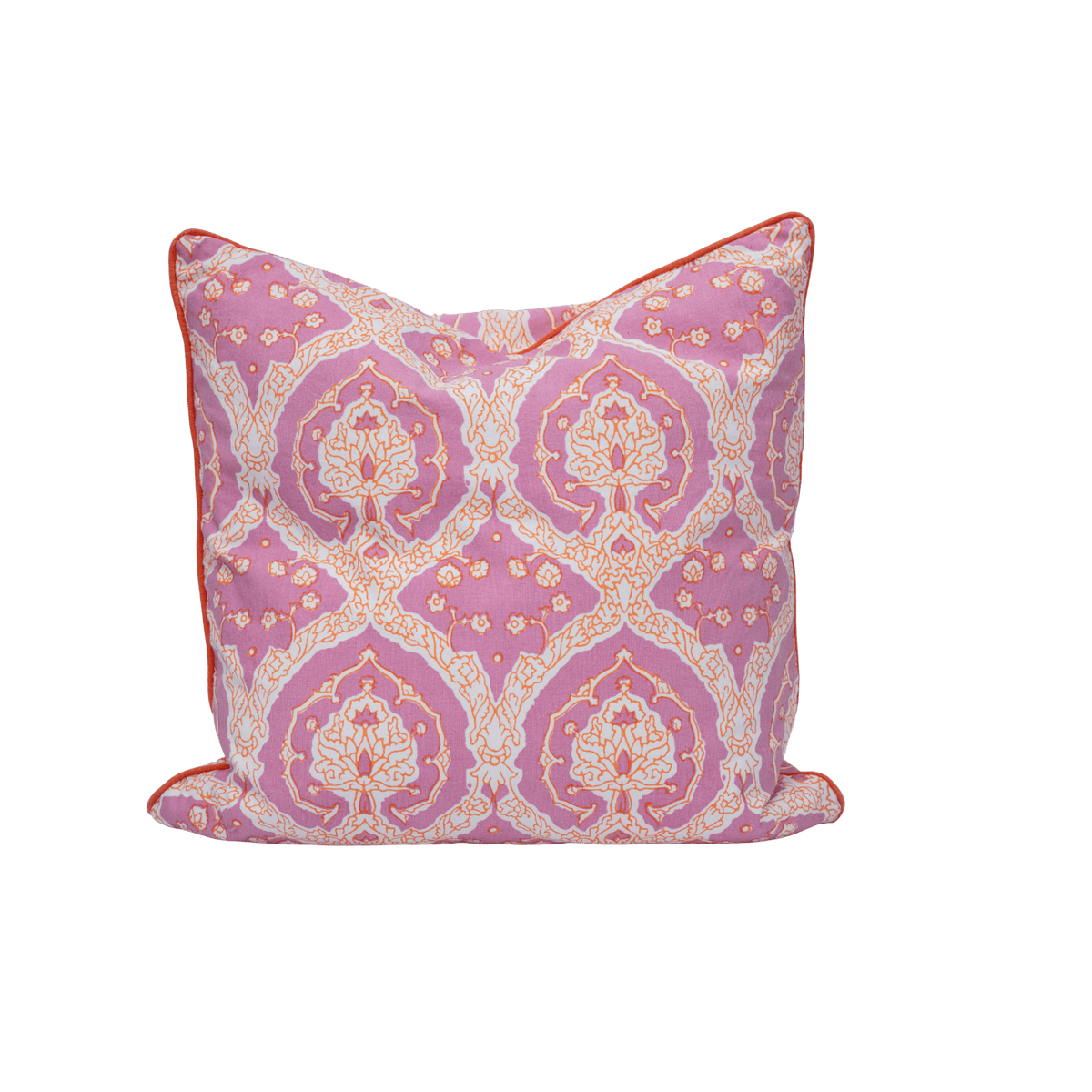 A square cushion cover burnt spice trellis with vibrant pink damask pattern and orange piping edges