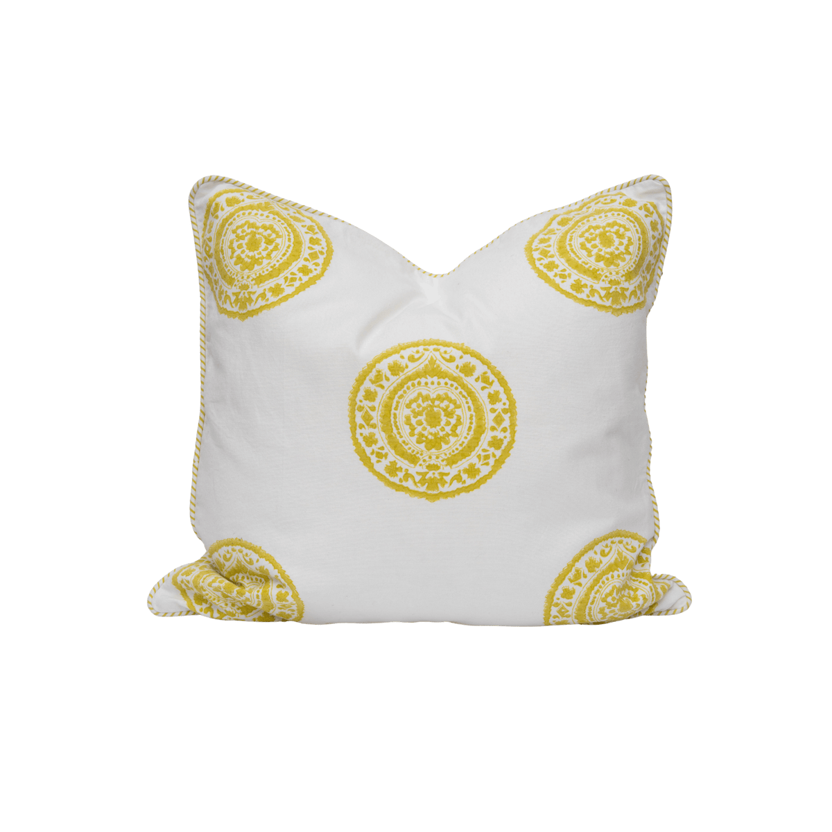 White throw pillow with mustard yellow soffi mandala patterns and matching embroidered trim cushion cover