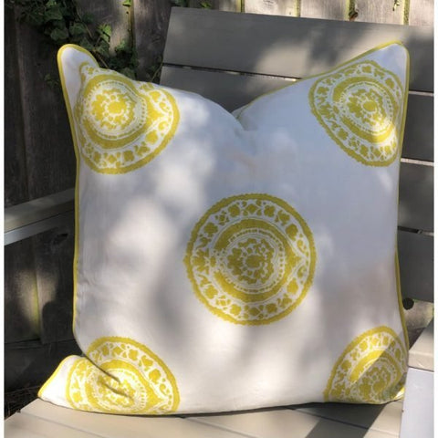 White throw pillow with vibrant yellow soffi mandala patterns and matching yellow trim cushion cover celery soffi mandala