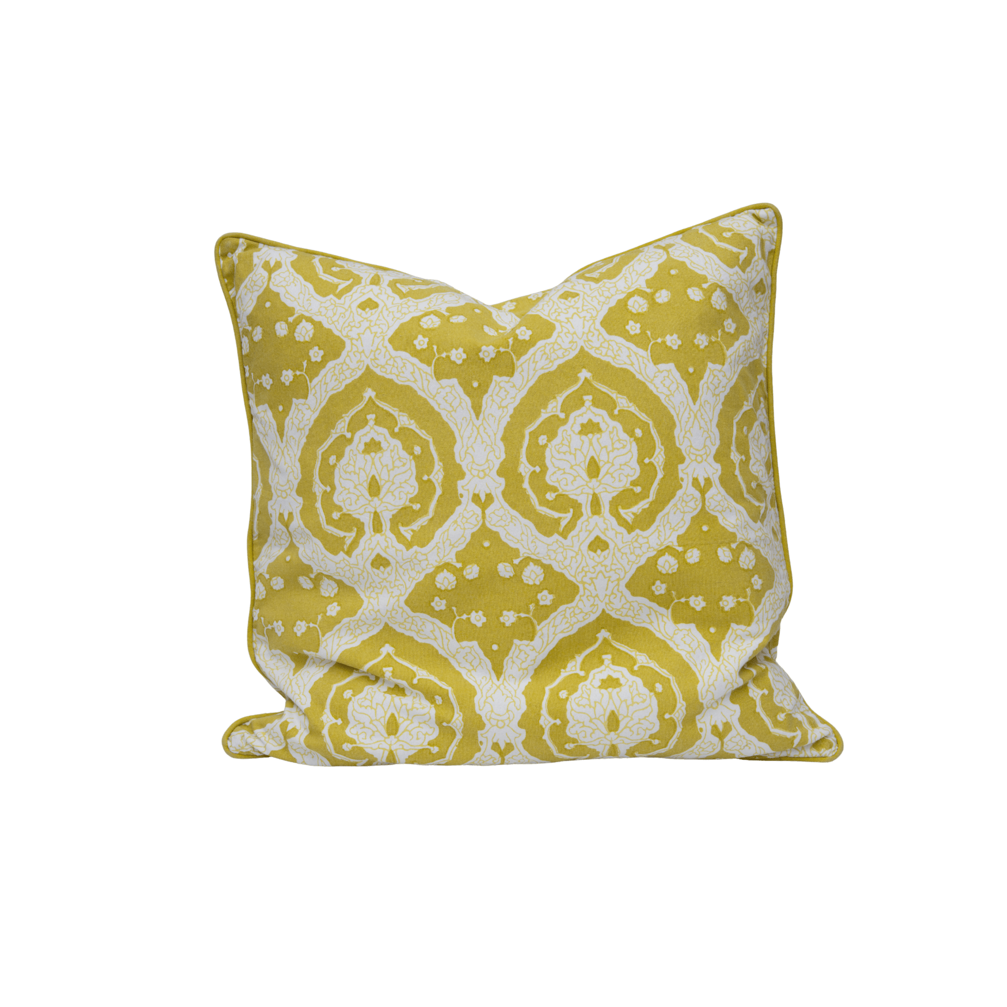 A square yellow and white cushion cover with an intricate celery trellis damask pattern perfect for home decor