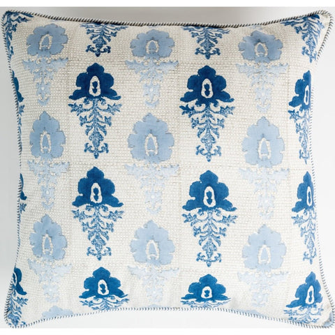 Square cushion cover fleur ombre with cream base and intricate blue damask pattern featuring stitched edges