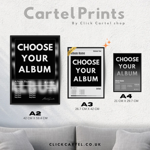 Black and white minimalist custom album poster prints in a2 a3 and a4 sizes perfect for music lovers decor