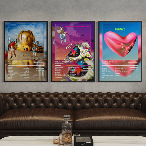 Three custom album posters for travis scott astroworld kanye west graduation and beyoncé romeo above a brown leather sofa for music lovers