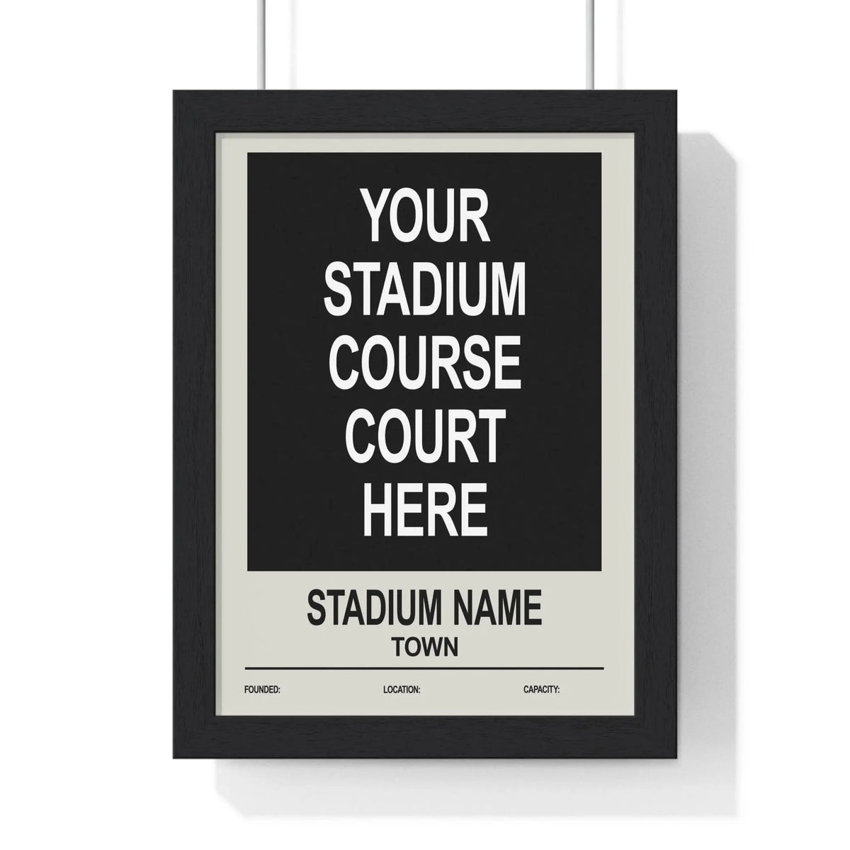 Black-framed custom event stadium print with bold white text on black and beige minimalist background
