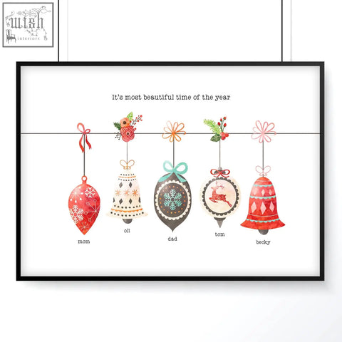Framed watercolor wall art print with five custom family christmas ornaments perfect for personalized family gifts