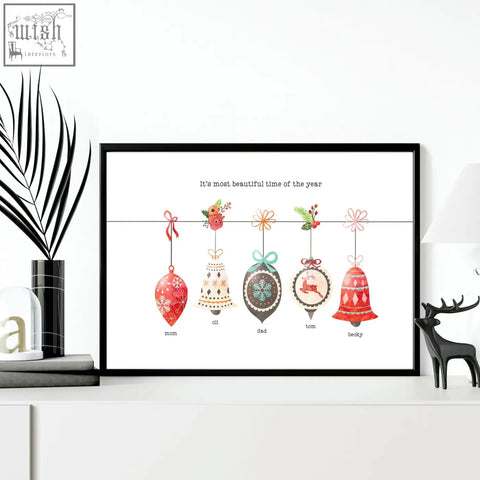 Black-framed wall art print with custom family Christmas ornaments in red, beige, green, and pink for family gifts