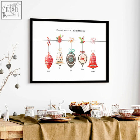 Black-framed wall art print with custom family watercolor Christmas ornaments labeled mom dill dad tom and becky family gifts