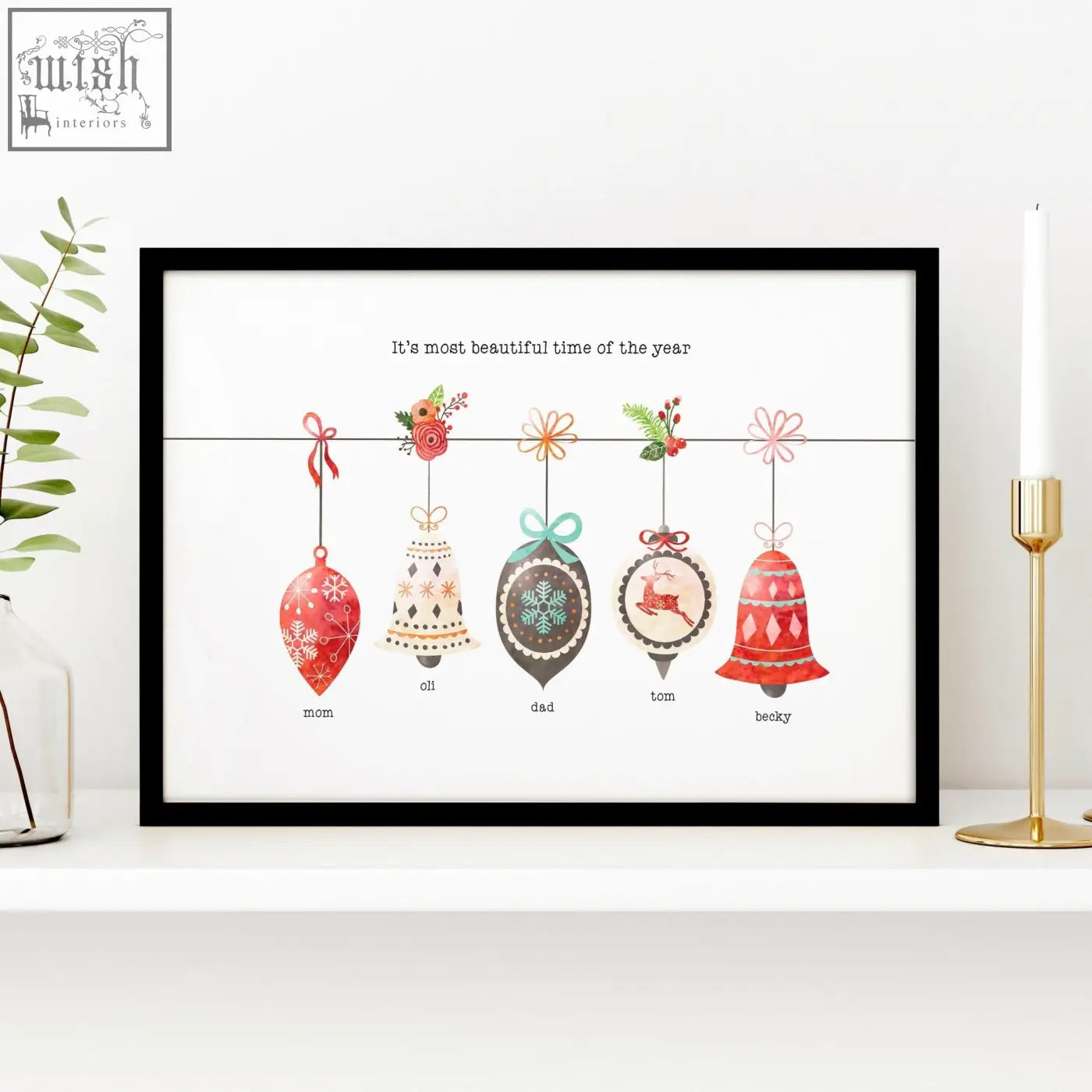 Black-framed holiday wall art print with custom family ornaments in red beige teal brown and pink for family gifts