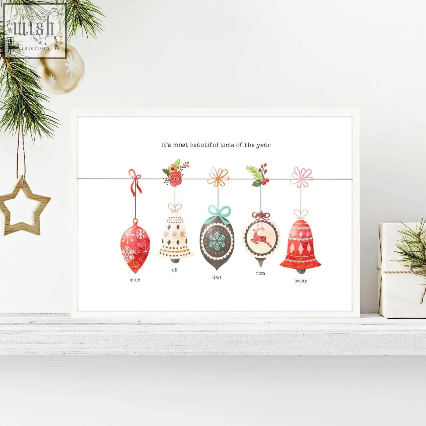 A framed custom family wall art print featuring five festive christmas ornaments in red cream green and gold