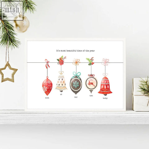 A framed custom family wall art print featuring five festive christmas ornaments in red cream green and gold