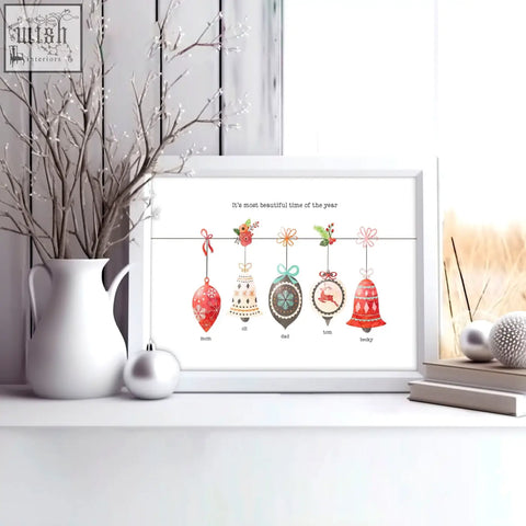White-framed wall art print with custom family Christmas ornaments in red gold and brown perfect for family gifts