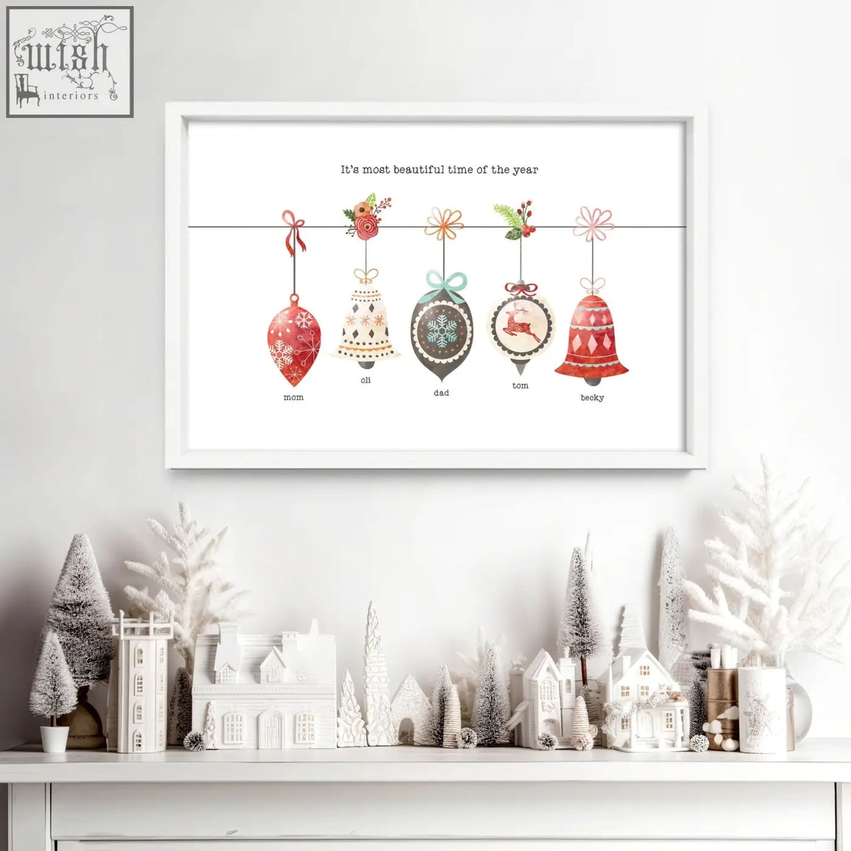 White-framed christmas ornament custom family wall art print featuring five personalized hanging ornaments labeled mom dill dad tom beaky