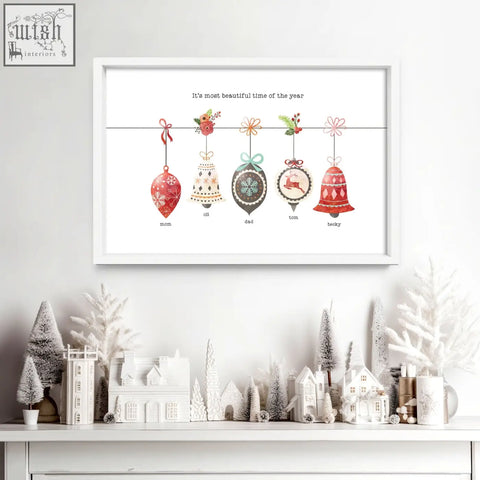 White-framed christmas ornament custom family wall art print featuring five personalized hanging ornaments labeled mom dill dad tom beaky