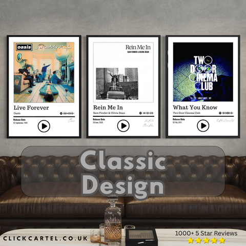 Three framed custom song posters featuring oasis sam fender olivia dean and two door cinema club for music lovers