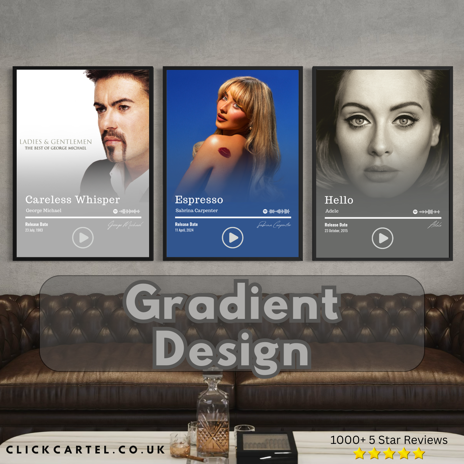 Three framed custom song posters featuring george michael sabrina carpenter and adele with gradient design for music lovers
