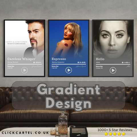 Three framed custom song posters featuring george michael sabrina carpenter and adele with gradient design for music lovers